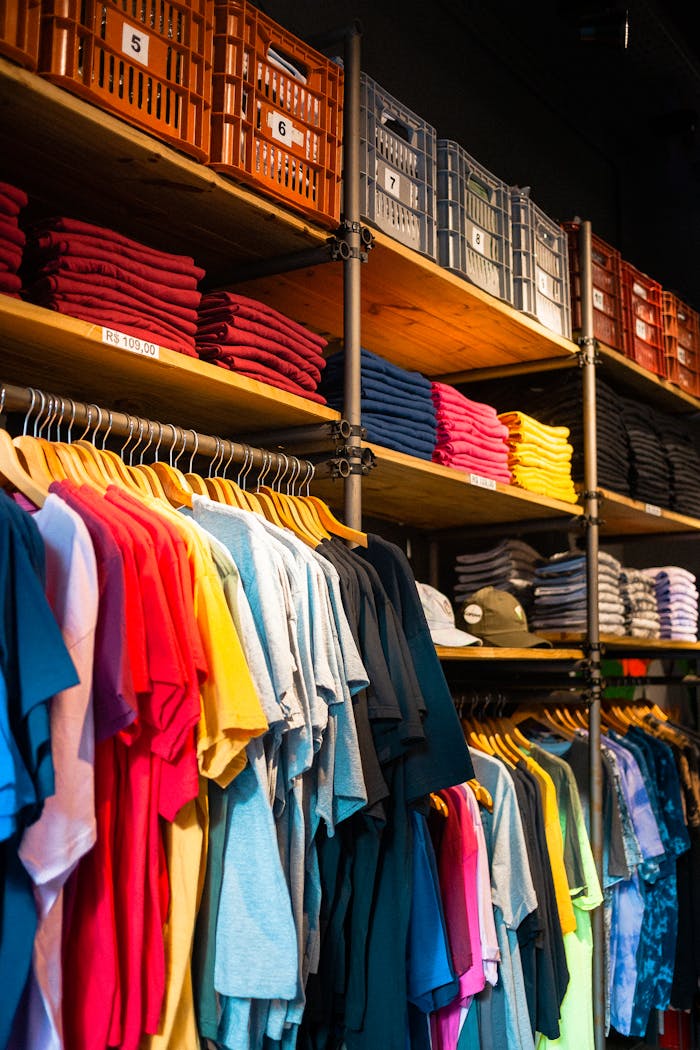 who-we-are Vibrant t-shirts neatly displayed in an organized boutique setting.